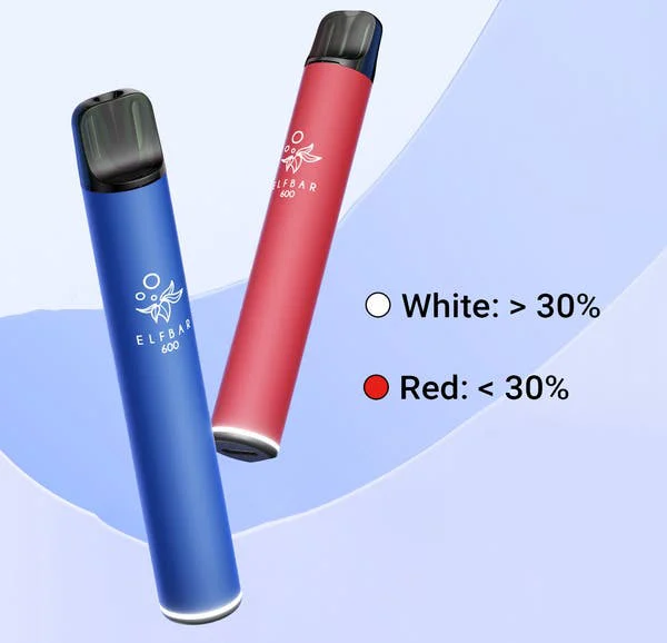 Elf Bar 600 pod kit in blue and red with the white and red battery indicator