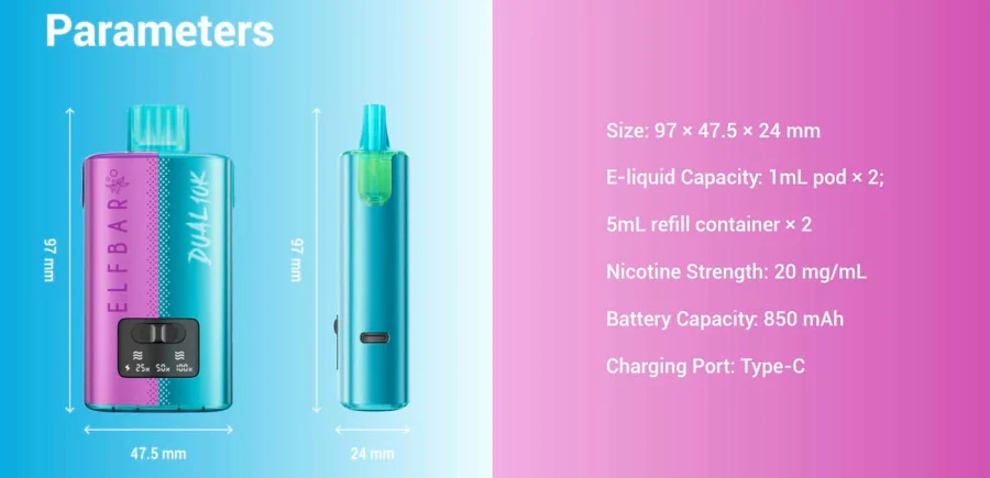Elf Bar Dual 10K parameters: 97 x 47.5 x 24mm, 850mAh battery, USB-C, 20mg