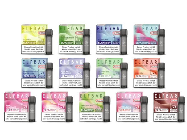 Wall of Elf Bar ELFA Pro prefilled pod flavours in their packs