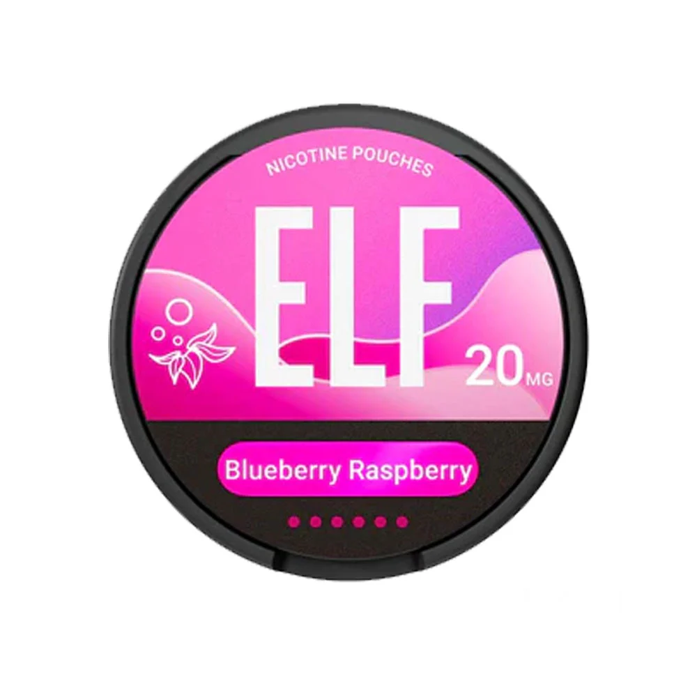ELF Blueberry Raspberry 20mg nicotine pouch can, the strongest of the three strengths