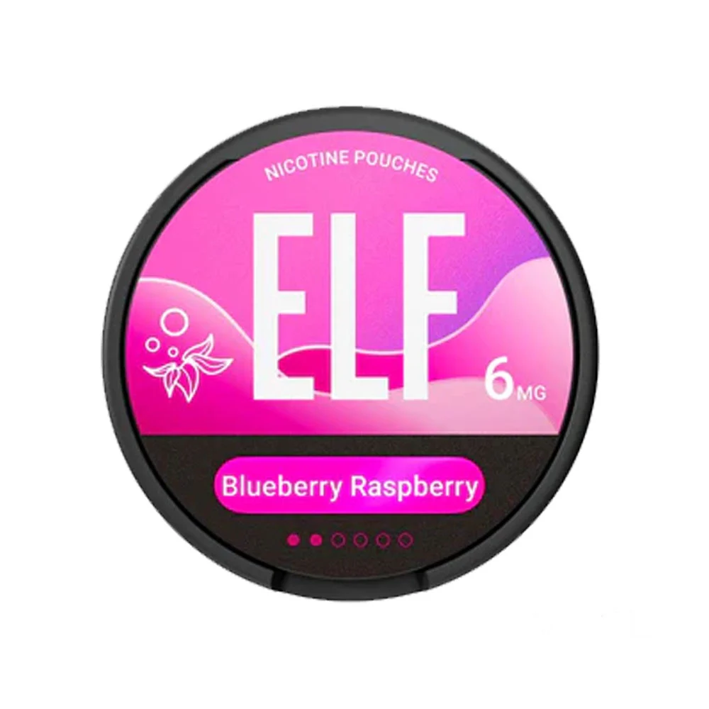 ELF Blueberry Raspberry 6mg nicotine pouch can, tobacco-free all-white pouches by Elf Bar