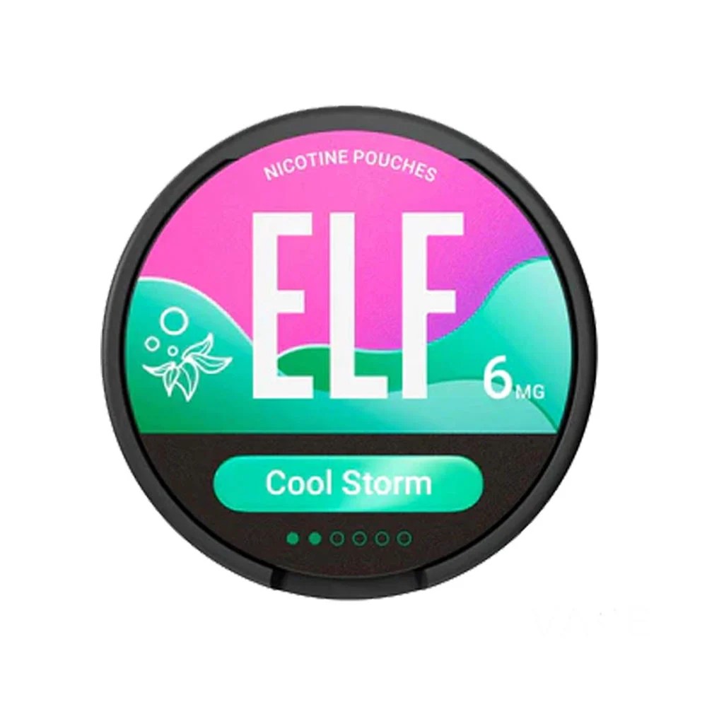 ELF Cool Storm 6mg Mellow nicotine pouch can, tobacco-free white mint pouches