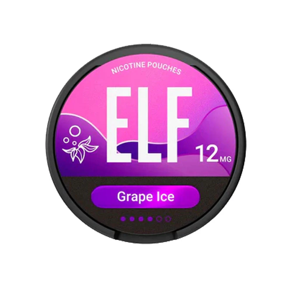 ELF Grape Ice 12mg nicotine pouch can, the middle strength of the three options