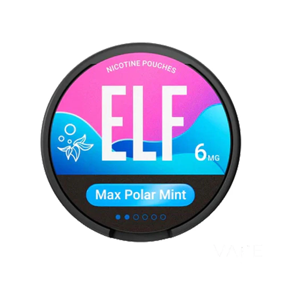 ELF Max Polar Mint 6mg nicotine pouch can, slim all-white tobacco-free pouches