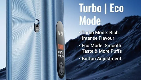 Elf Bar ELFX Mega Turbo and Eco modes on the screen, with an airflow slider