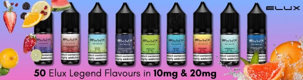 Elux Legend nic salt banner showing range of flavours