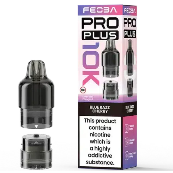 Feoba Pro Plus prefilled pod with its refill base alongside the Blue Razz Cherry retail pack