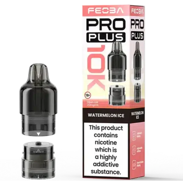 Feoba Pro Plus prefilled pod and Watermelon Ice retail pack showing the 10,000-puff rating