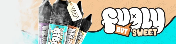 Fugly but Sweet e-liquid range banner showing multiple bottles including Blue Raspberry Cream Pie with the brand logo