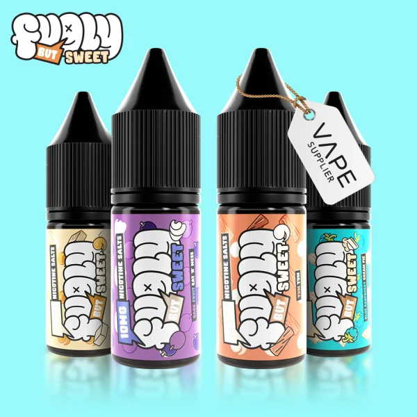 Fugly but Sweet range showing four 10ml nic salt bottles including Blue Raspberry Cream Pie on a teal background