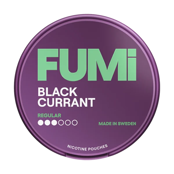 FUMI Blackcurrant nicotine pouch tin showing the deep purple blackcurrant branding