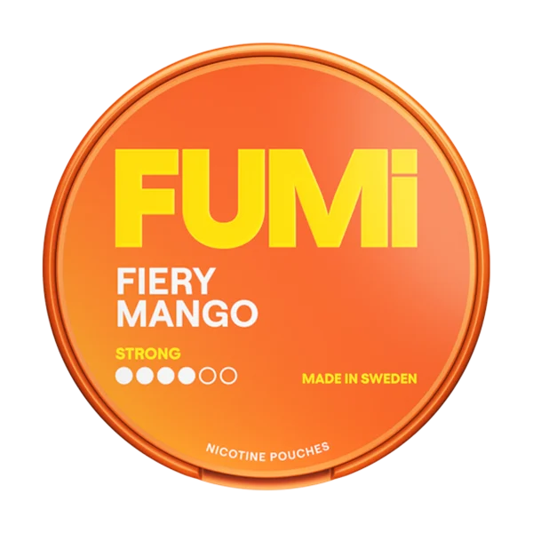 FUMI Fiery Mango strong nicotine pouch tin with yellow and orange tropical mango branding