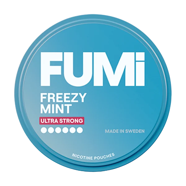 FUMI Freezy Mint ultra-strong nicotine pouch tin showing the icy blue mint branding