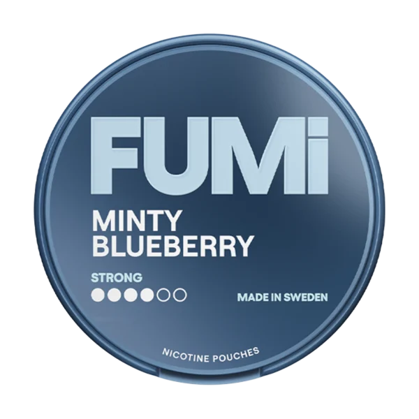 FUMI Minty Blueberry strong nicotine pouch tin with blue and green mint-blueberry branding