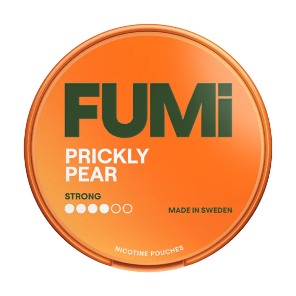 FUMI Prickly Pear strong nicotine pouch tin with green pear-themed branding