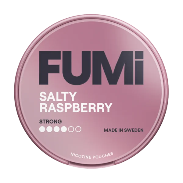 FUMI Salty Raspberry strong nicotine pouch tin with red raspberry branding