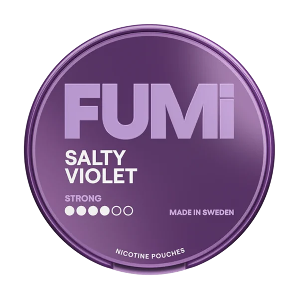 FUMI Salty Violet strong nicotine pouch tin with purple violet-themed branding