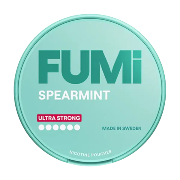 FUMI Spearmint ultra-strong nicotine pouch tin showing the green spearmint branding