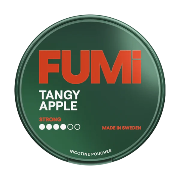 FUMI Tangy Apple strong nicotine pouch tin with green apple branding