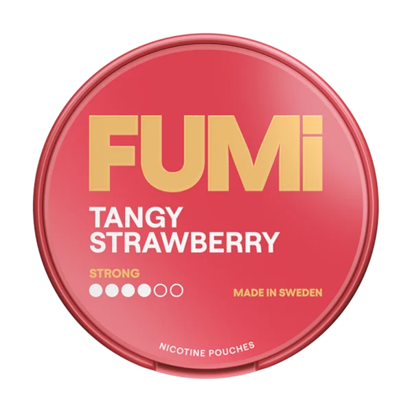 FUMI Tangy Strawberry strong nicotine pouch tin with red strawberry branding