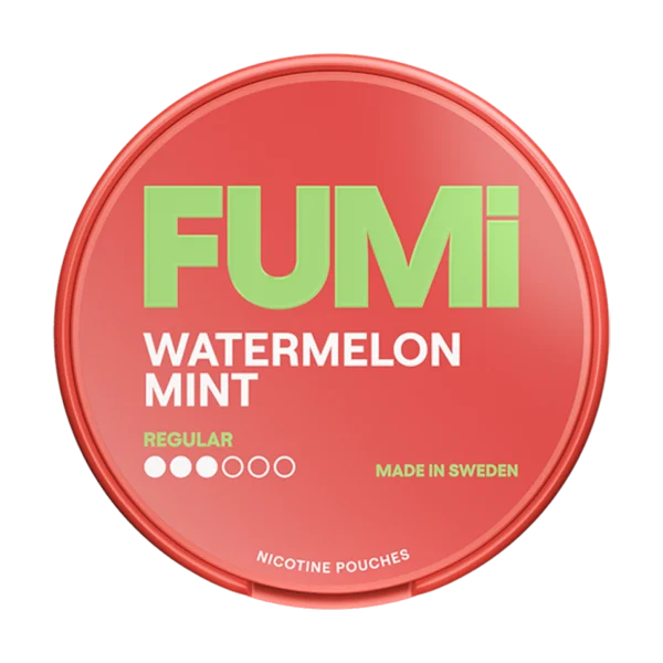 FUMI Watermelon Mint nicotine pouch tin showing the green and red watermelon branding