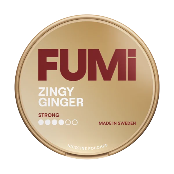 FUMI Zingy Ginger strong nicotine pouch tin with yellow-orange ginger branding