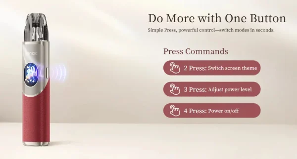 Geekvape Wenax Q2 one-button control: switch theme, adjust power, power on and off