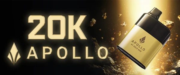 Gold Bar Apollo 20K AIO vape kit branded banner with device against gold rocks background
