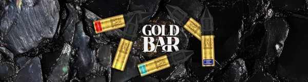 Gold Bar Salts nic salt bottles including Cherry Fizz, Cool Mint and Blueberry Sour Raspberry on dark textured background
