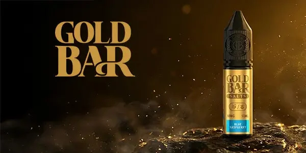 Gold Bar Salts nic salt e-liquid bottle on black background with Gold Bar Salts branding
