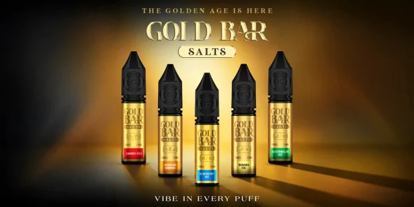 Gold Bar Salts range showing Cherry Fizz, Hawaiian Sunrise, Blueberry Ice, Banana Ice and Watermelon Ice bottles