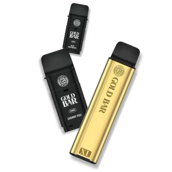 Gold Bar XL pod kit alongside Gold Bar disposable devices