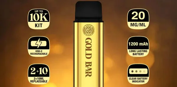 Gold Bar XL showing specs: 10K puffs, 20mg, 1200mAh, USB-C, 2+10ml pods, LED indicator