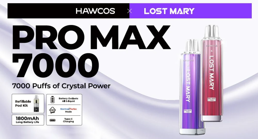 HAWCOS x Lost Mary Pro 7000, 7000 puffs of crystal power, refillable pod kit