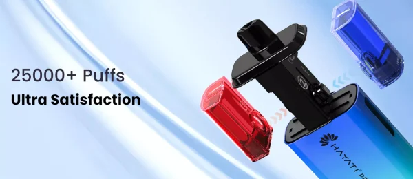 Hayati Pro Ultra+ 25K twin pods, red and blue, beside the device for up to 25,000 puffs a set