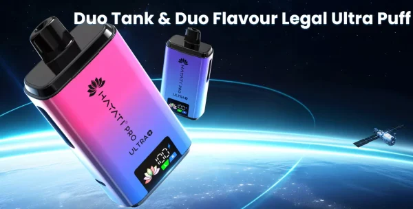 Two Hayati Pro Ultra+ 25K pod kits, pink and blue, showing the Duo Tank and smart screen