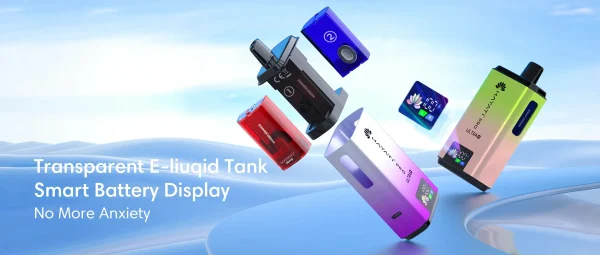 Hayati Pro Ultra+ 25K exploded view showing the transparent e-liquid tanks and smart battery display