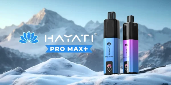 Two Hayati Pro Max+ 6K pod kits in blue and purple showing the rechargeable design