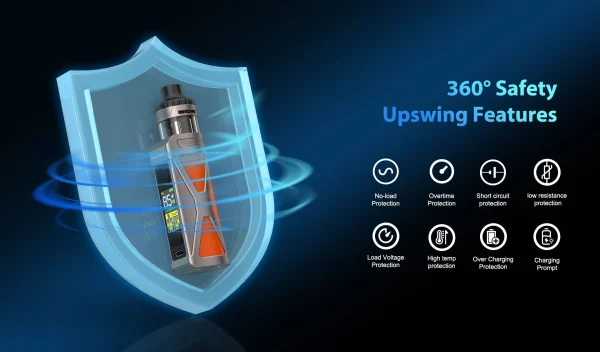 HorizonTech Durandal in a protective shield graphic listing its 8-point safety features around the lit 85W colour screen
