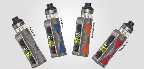 HorizonTech Durandal pod mod kit shown in dark grey, dark blue, chestnut brown and brownish red finishes with the colour screen lit