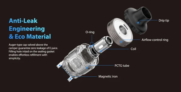 Exploded diagram of the HorizonTech Durandal pod tank showing the drip tip, airflow control ring, coil, O-ring, PCTG tube and anti-leak parts
