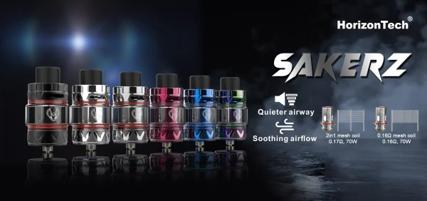 HorizonTech Sakerz tank range with the 2-in-1 0.17 ohm and 0.16 ohm mesh coils shown alongside the quieter airway and soothing airflow features