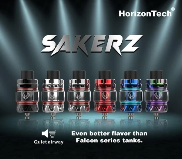 HorizonTech Sakerz sub-ohm tank shown in six finishes under spotlights with the claim of even better flavour than the Falcon series