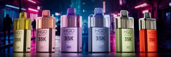 HQD Glow Air 35K devices shown in a row of six neon finishes against a city backdrop