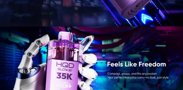 HQD Glow Air 35K device held in hand against a purple neon background with the feels like freedom tagline