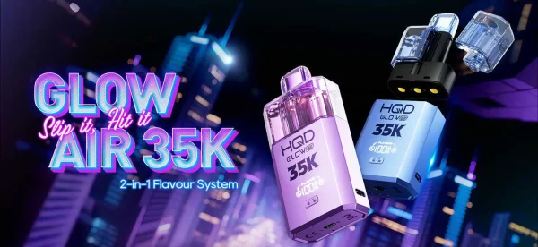 HQD Glow Air 35K prefilled pods and device with the 2-in-1 flavour system on a neon city background
