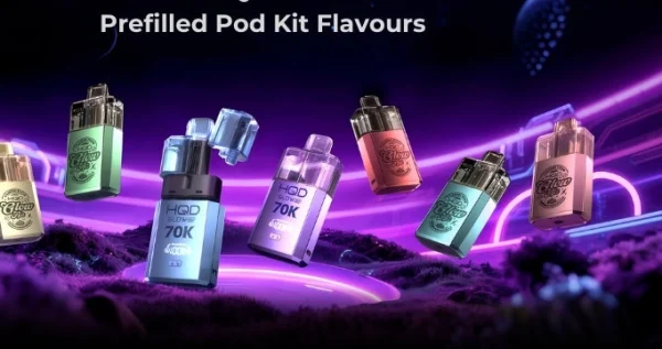 HQD Glow Air 70K prefilled pod kit shown in seven flavour finishes floating on a purple background