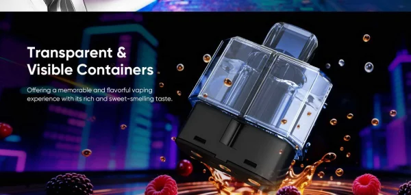 HQD Glow Air 70K transparent and visible refill containers shown with fruit against a neon background