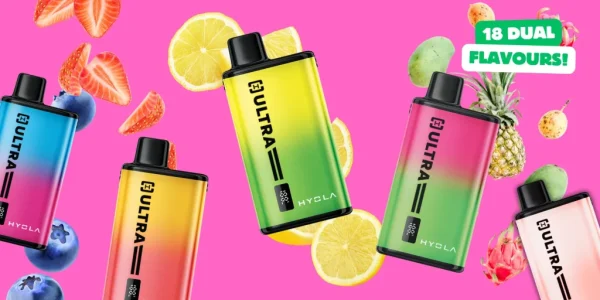 Hyola Ultra 30K dual-flavour Editions shown in multiple colours with fruit, marked 18 dual flavours