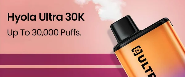 Hyola Ultra 30K prefilled pod refill shown on an orange device with up to 30000 puffs banner